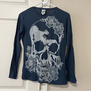 Jack & Jinger Women’s Dark Blue Skull Graphic Y2K Long Sleeve Shirt Medium